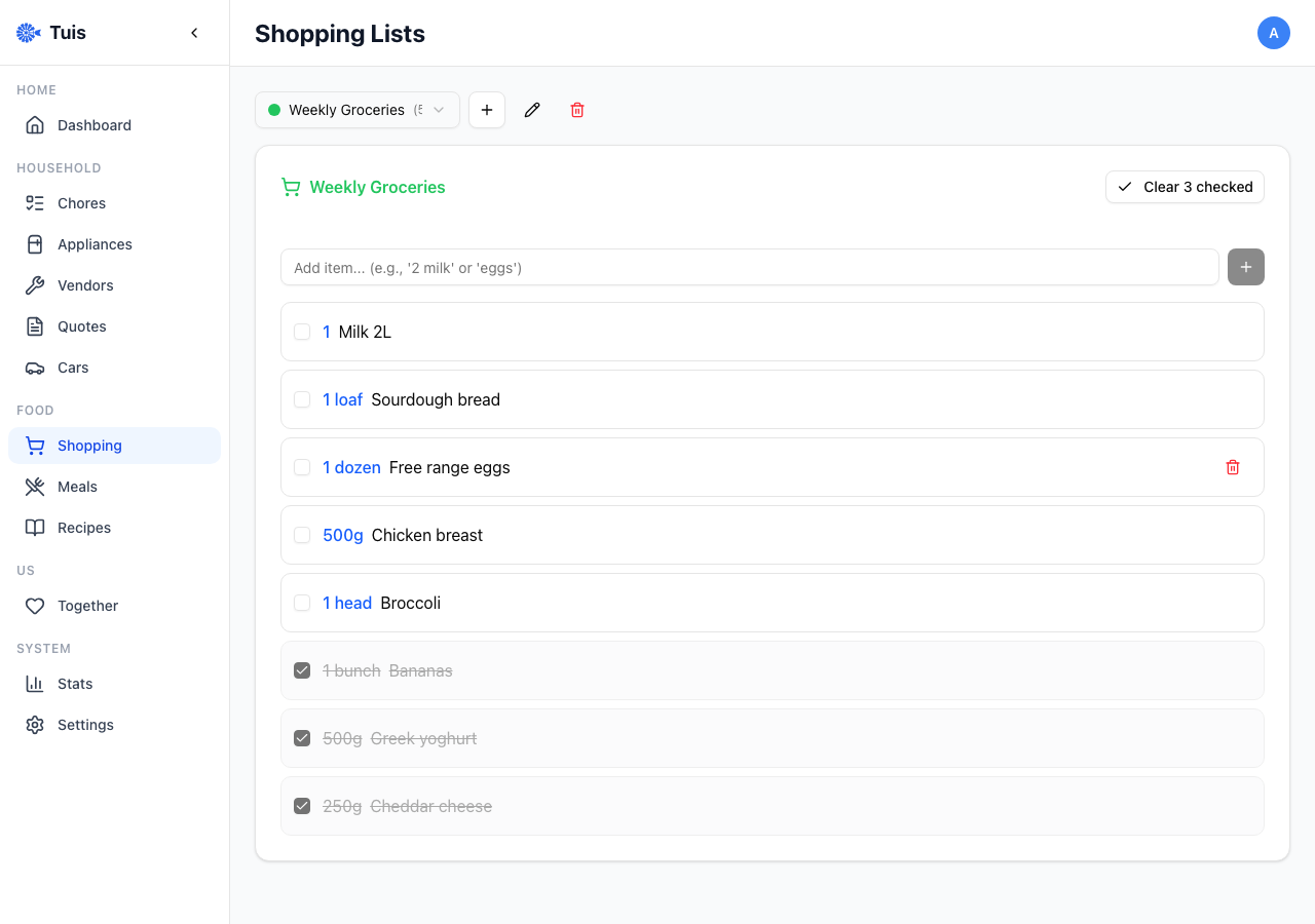 Shopping lists with colour-coded lists, autocomplete, and check-off