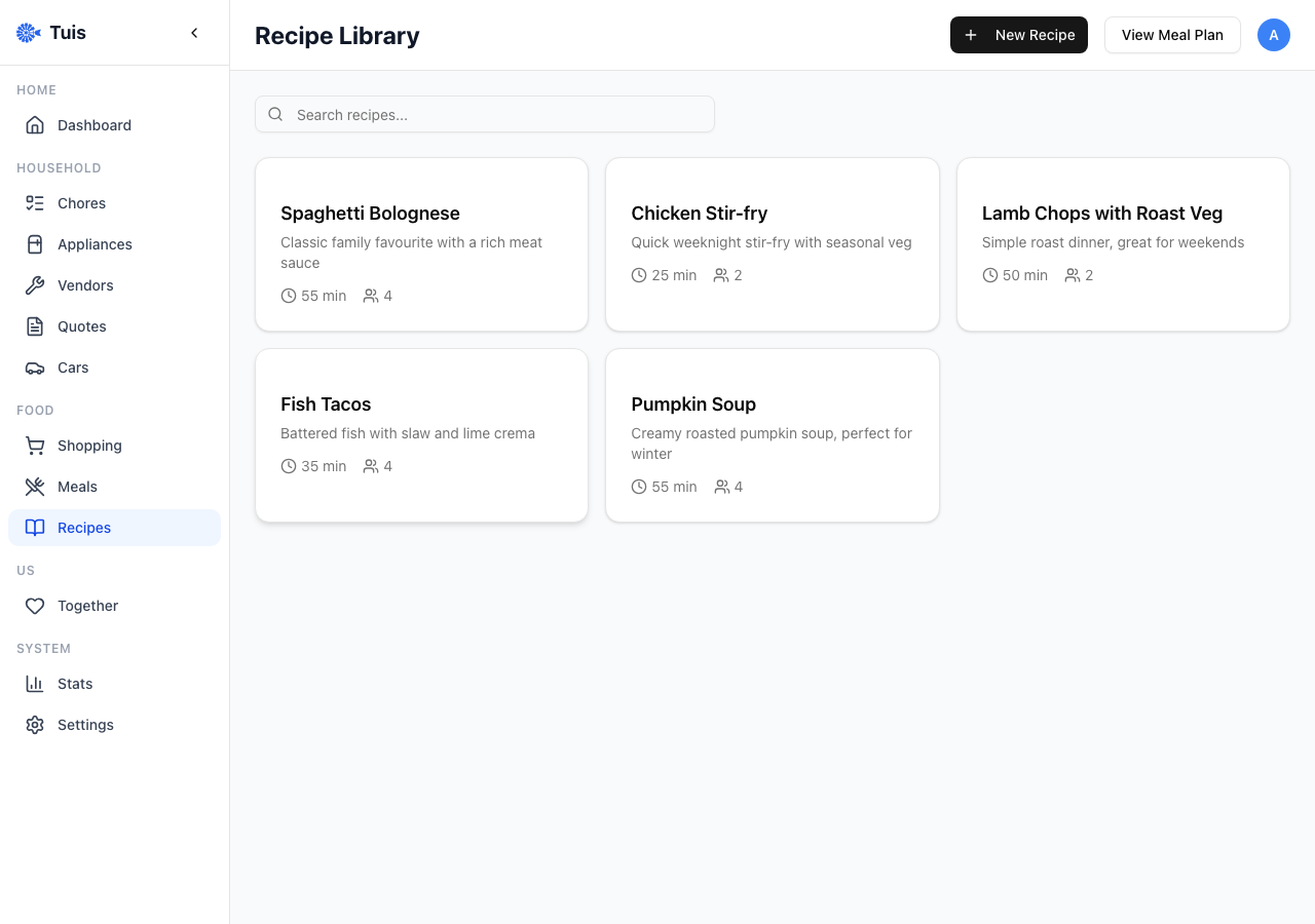Recipe library with structured ingredients, prep and cook times, and scaling