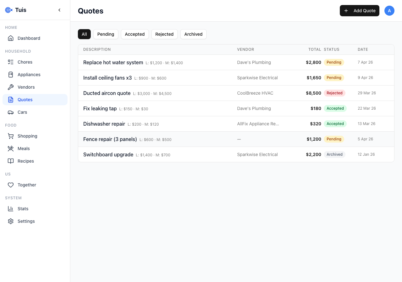 Quotes view with vendor comparison and labour materials breakdown
