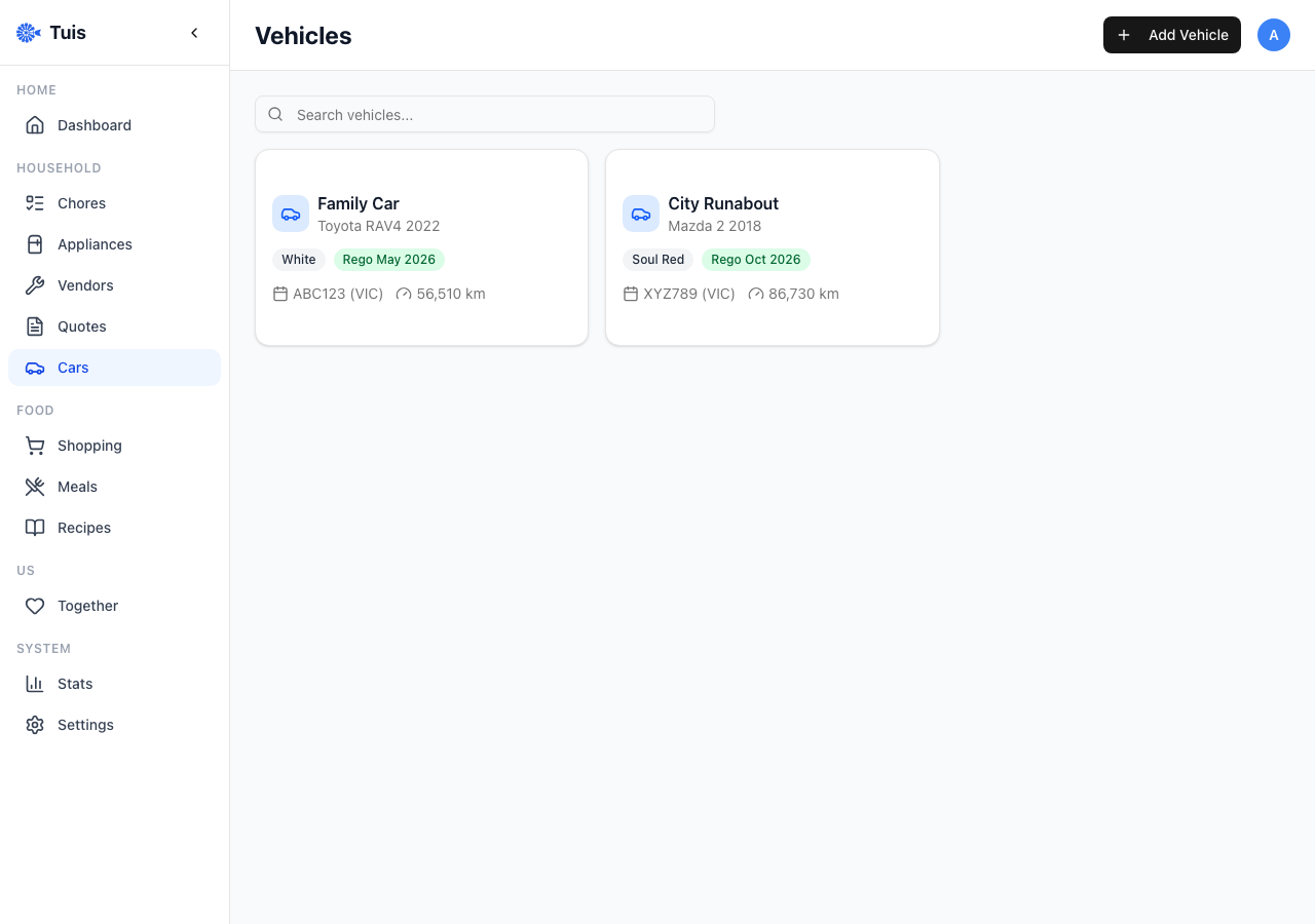 Vehicle management with service history, fuel tracking, and cost breakdown